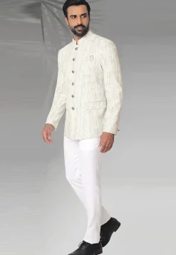 Digital Printed Terry Rayon Jodhpuri Suit in Off White