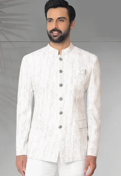 Digital Printed Terry Rayon Jodhpuri Jacket in Off White