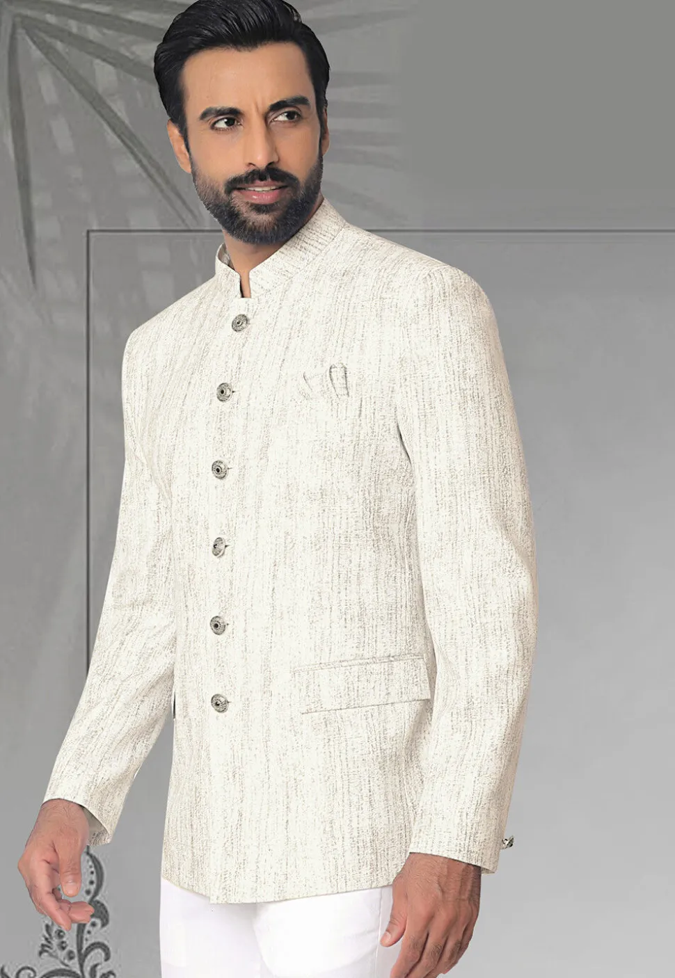 Digital Printed Terry Rayon Jodhpuri Jacket in Off White