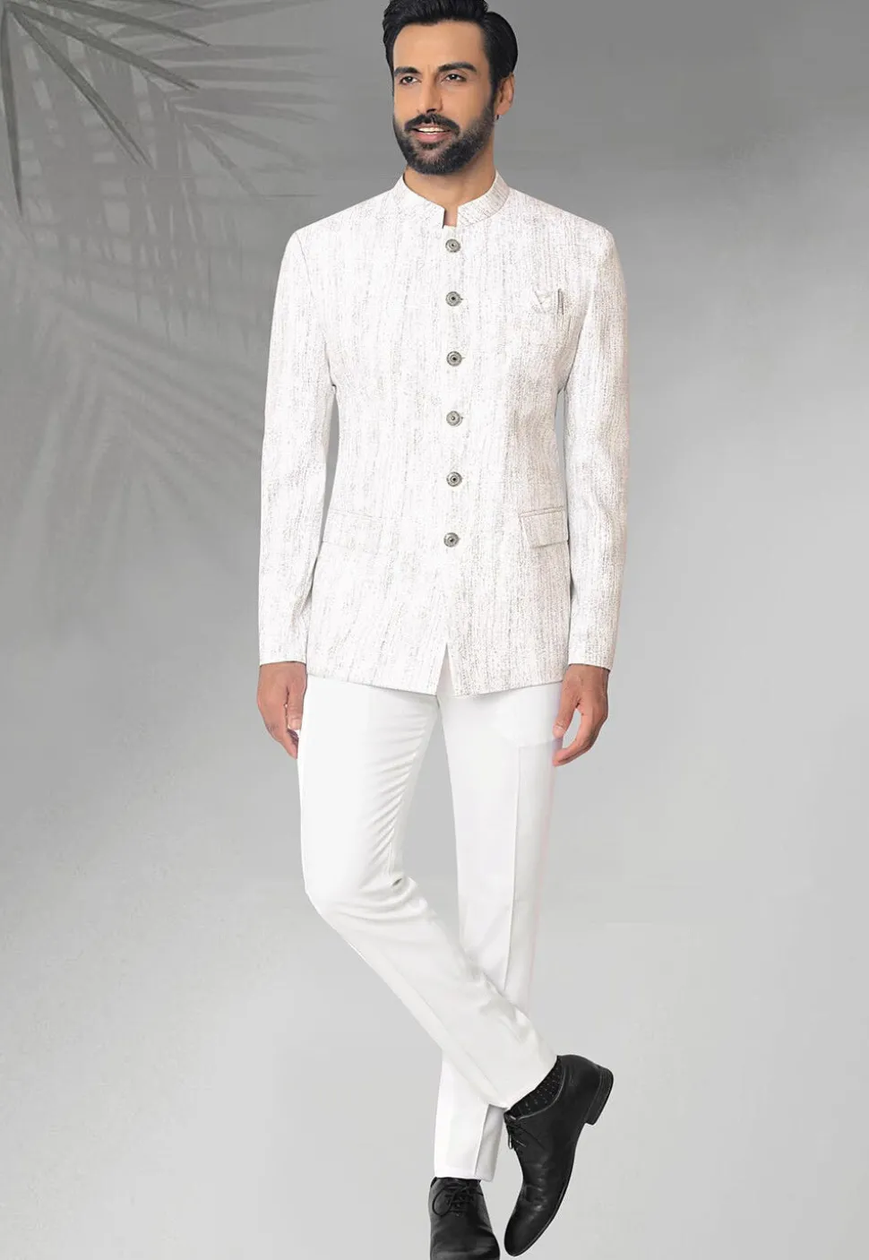 Digital Printed Terry Rayon Jodhpuri Jacket in Off White