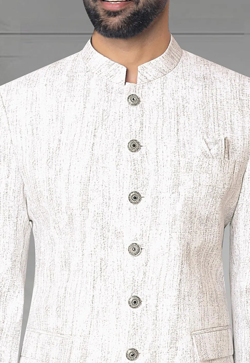 Digital Printed Terry Rayon Jodhpuri Jacket in Off White