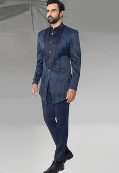 Digital Printed Terry Rayon Layered Jodhpuri Suit in Navy Blue