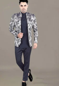 Digital Printed Terry Rayon Jodhpuri Jacket in Silver