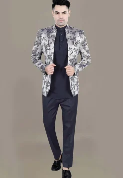 Digital Printed Terry Rayon Jodhpuri Jacket in Silver
