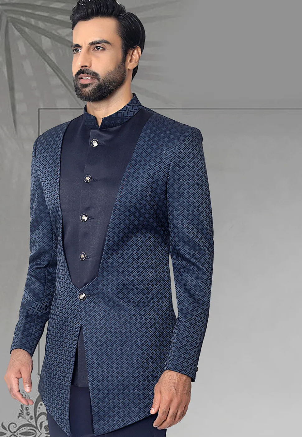 Digital Printed Terry Rayon Jodhpuri Jacket in Navy Blue