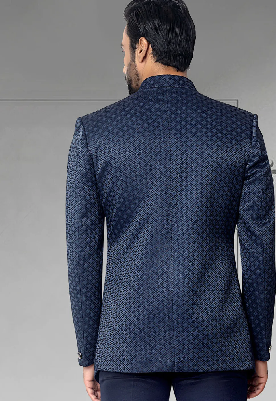 Digital Printed Terry Rayon Jodhpuri Jacket in Navy Blue