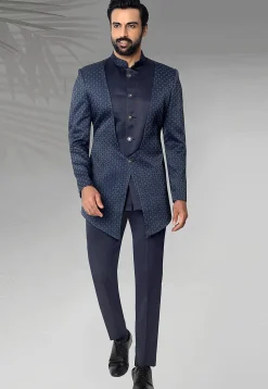 Digital Printed Terry Rayon Jodhpuri Jacket in Navy Blue
