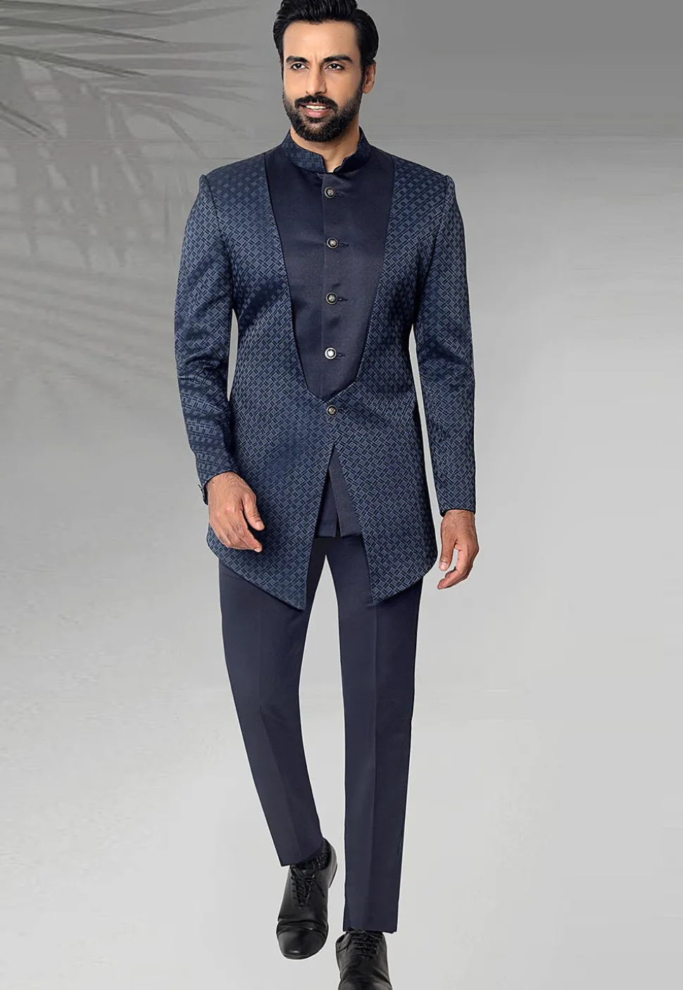 Digital Printed Terry Rayon Jodhpuri Jacket in Navy Blue
