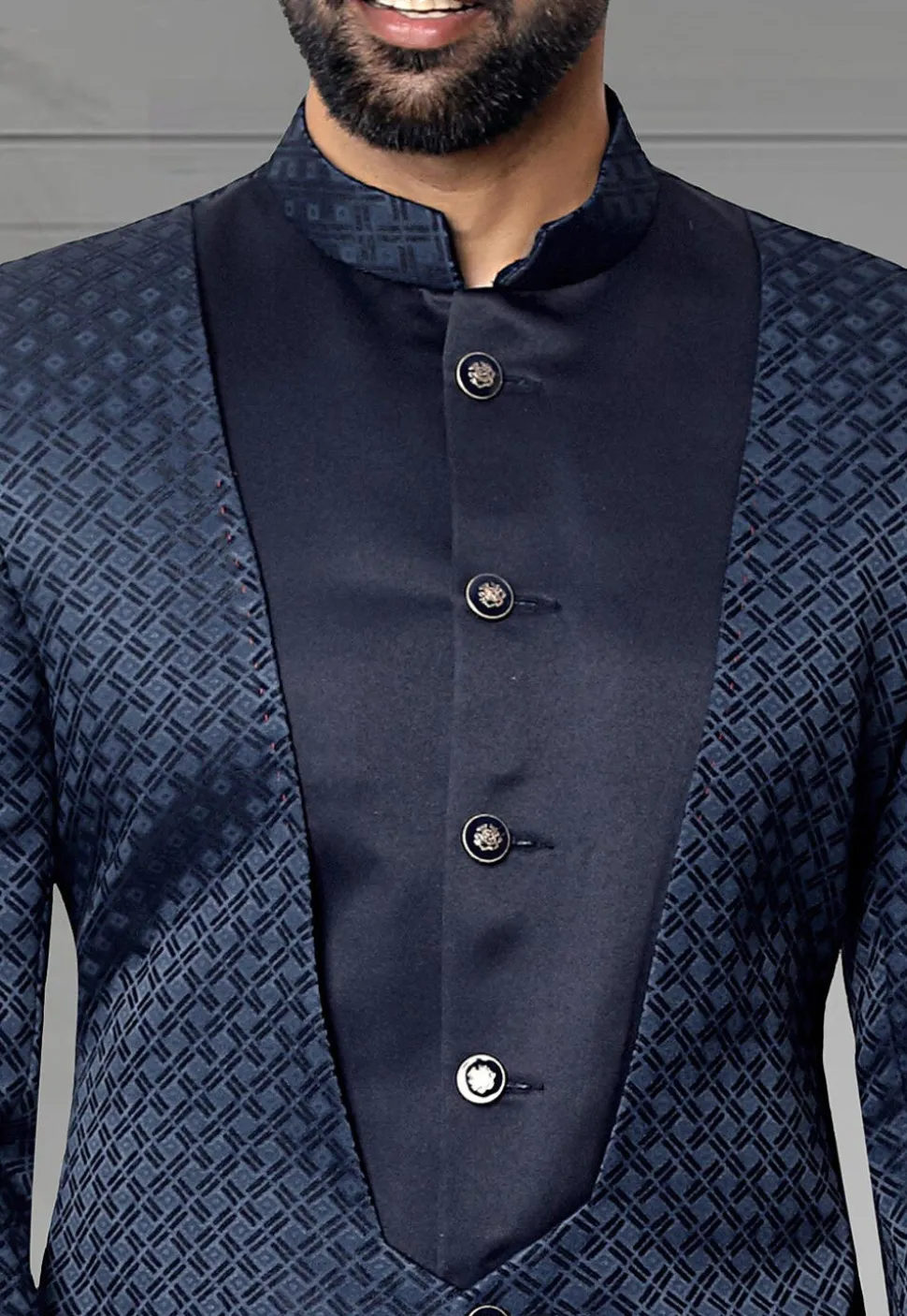 Digital Printed Terry Rayon Jodhpuri Jacket in Navy Blue
