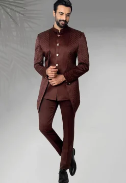 Digital Printed Terry Rayon Layered Jodhpuri Suit in Maroon