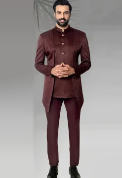 Digital Printed Terry Rayon Layered Jodhpuri Suit in Maroon