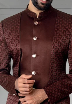 Digital Printed Terry Rayon Layered Jodhpuri Suit in Maroon
