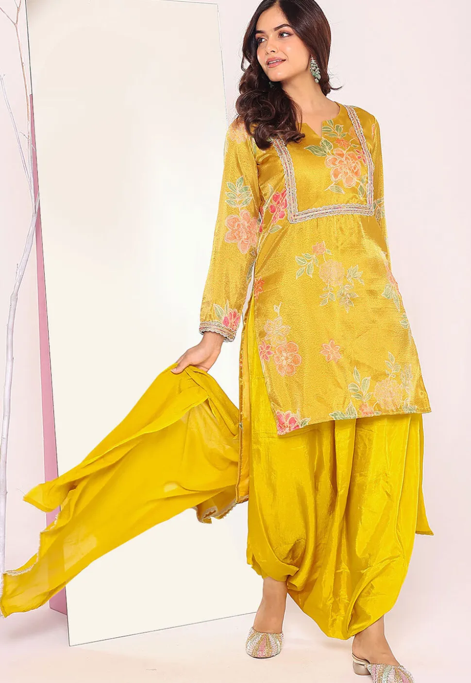 Digital Printed Tissue Punjabi Suit in Yellow