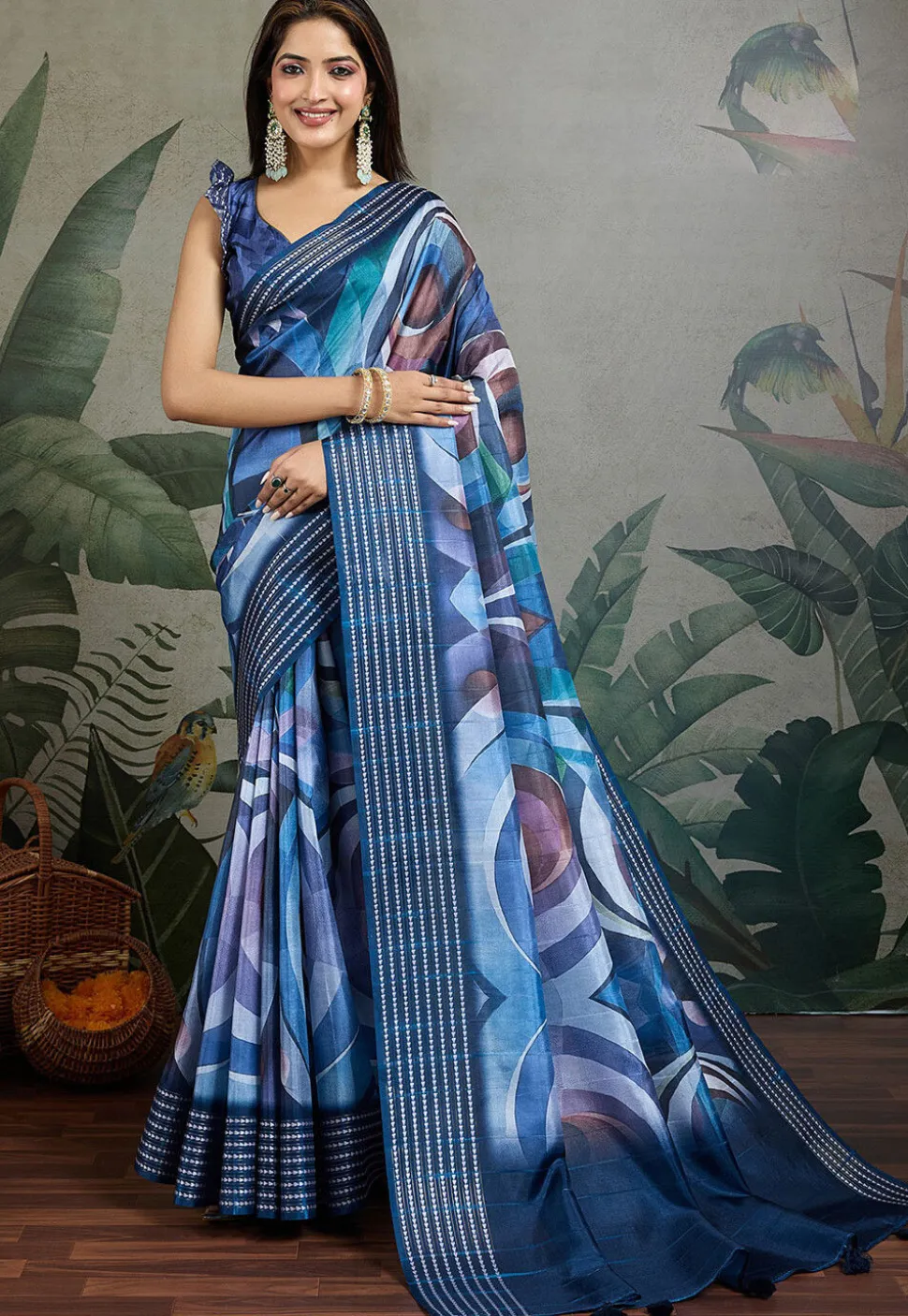 Digital Printed Tussar Silk Saree in Blue