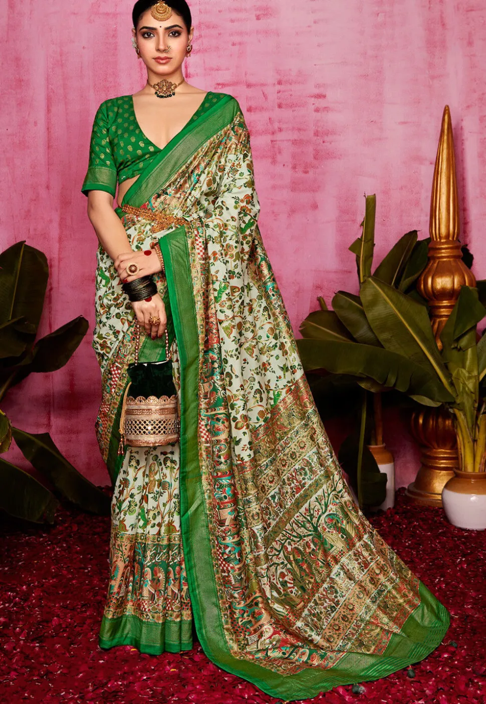 Digital Printed Tussar Silk Saree in Off White