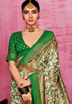 Digital Printed Tussar Silk Saree in Off White