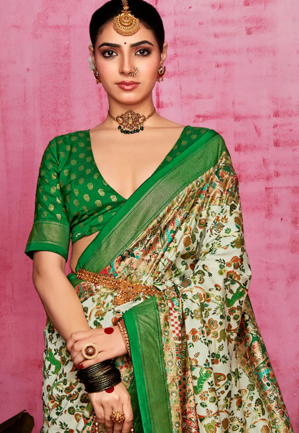 Digital Printed Tussar Silk Saree in Off White