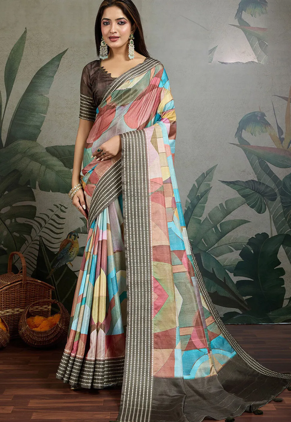 Digital Printed Tussar Silk Saree in Multicolor