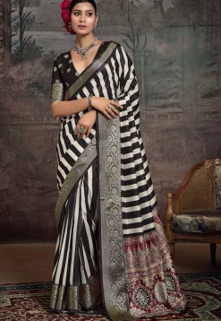 Digital Printed Tussar Silk Saree in Black and White