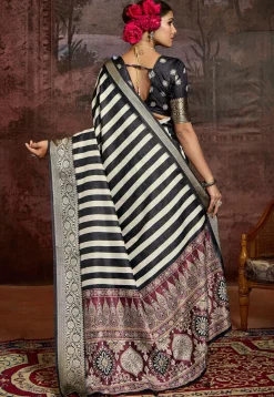 Digital Printed Tussar Silk Saree in Black and White