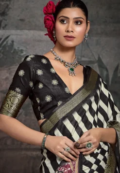 Digital Printed Tussar Silk Saree in Black and White
