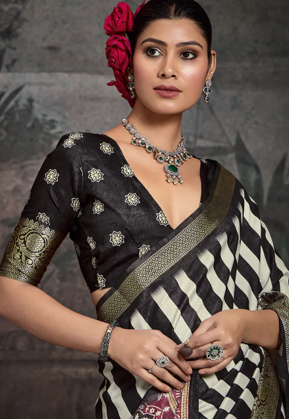 Digital Printed Tussar Silk Saree in Black and White