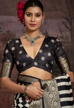 Digital Printed Tussar Silk Saree in Black and White