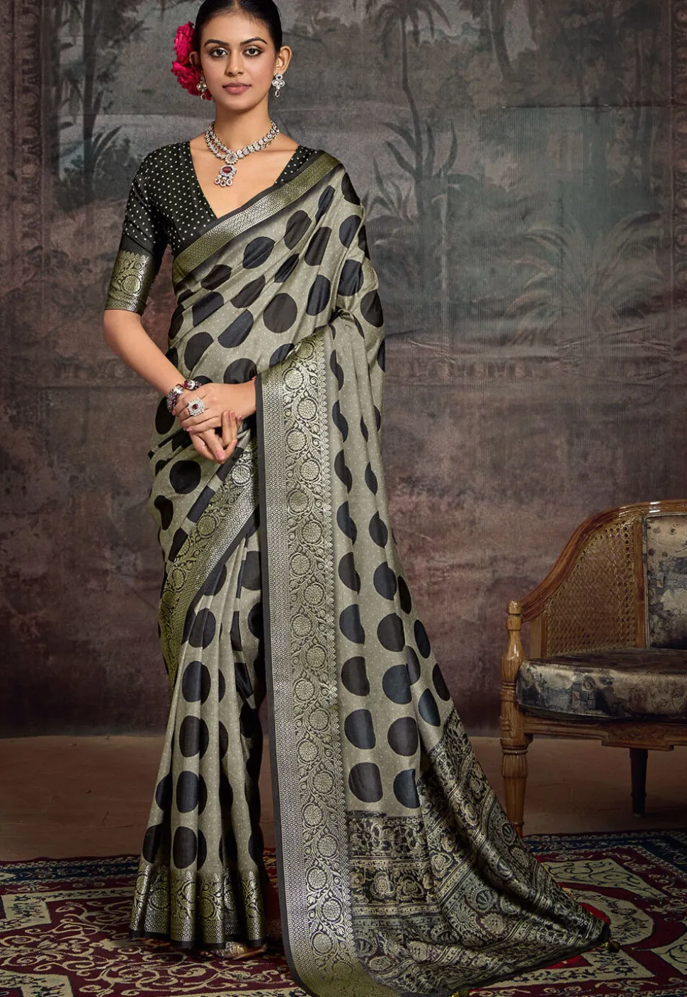 Digital Printed Tussar Silk Saree in Dusty Green