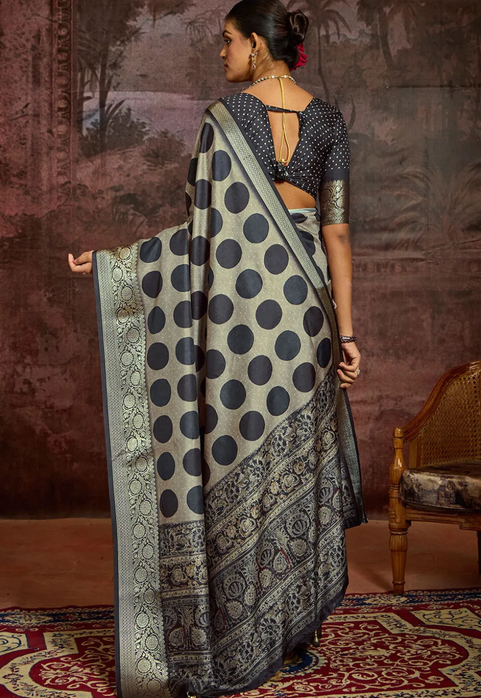 Digital Printed Tussar Silk Saree in Dusty Green