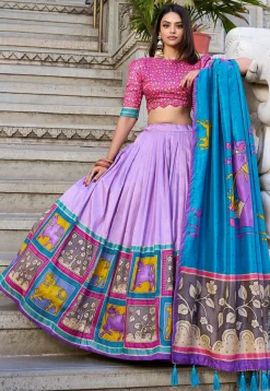 Digital Printed Tussar Silk Lehenga in Light Purple