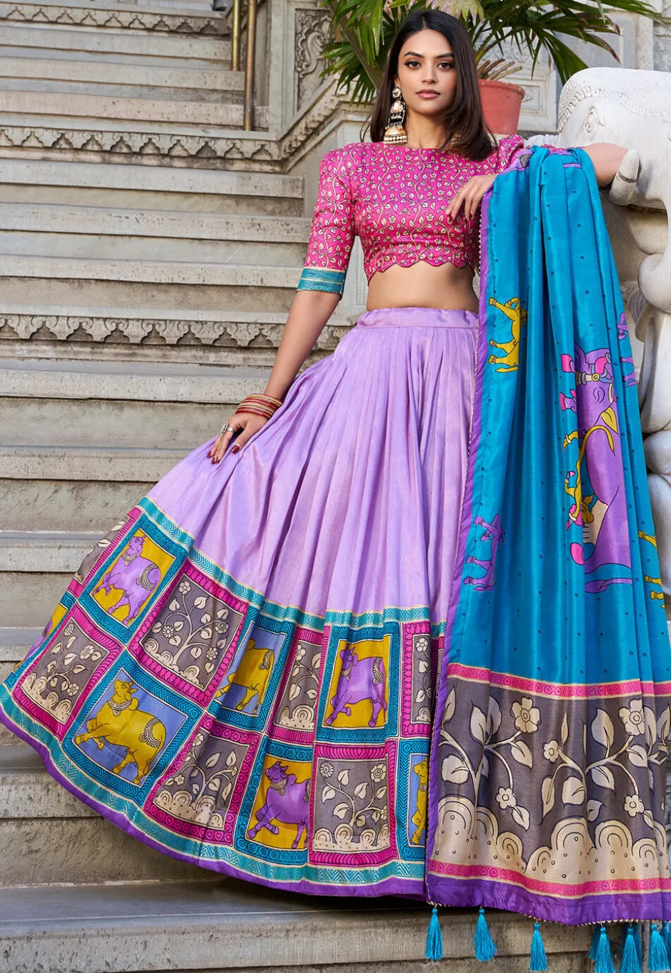 Digital Printed Tussar Silk Lehenga in Light Purple