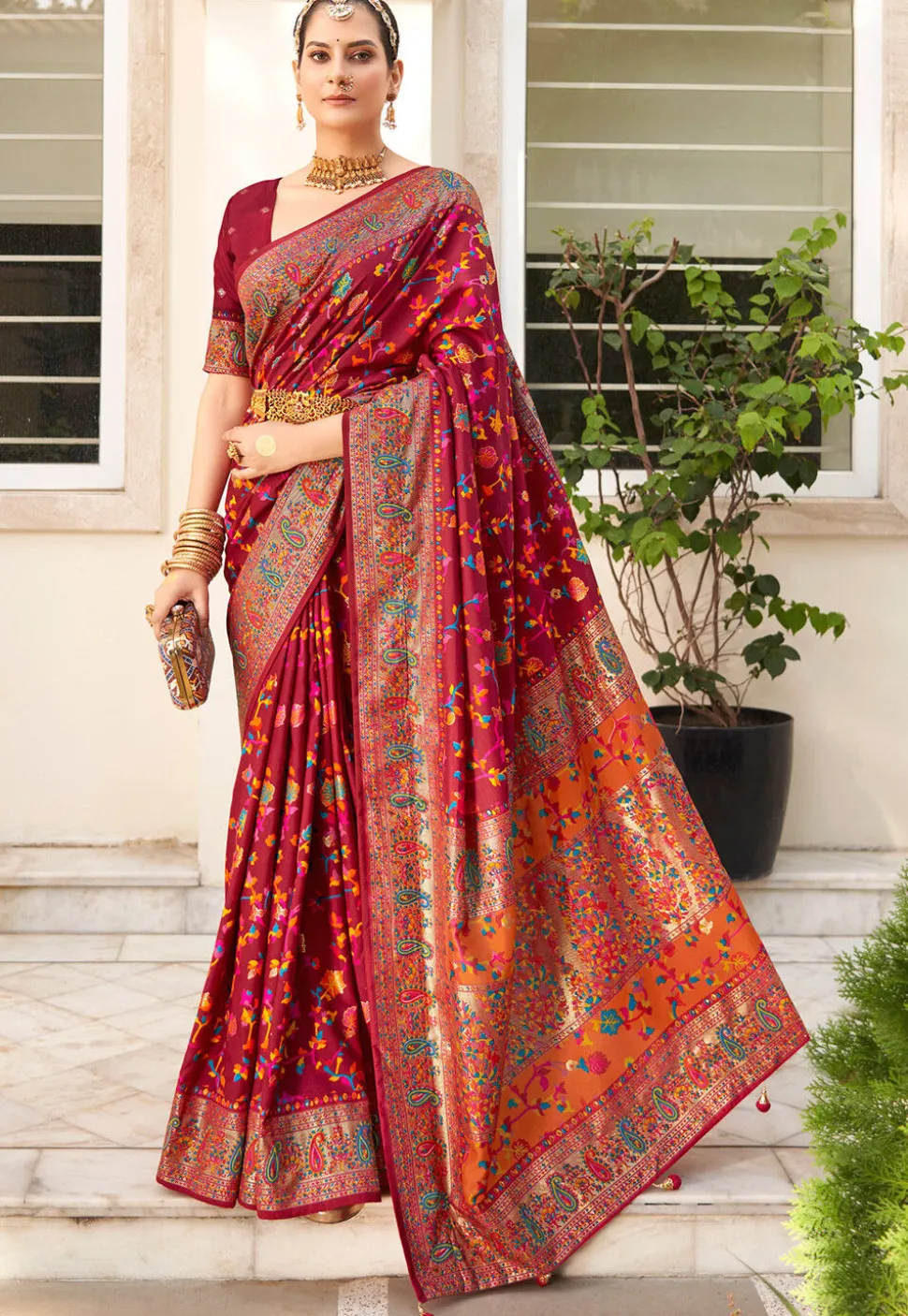 Digital Printed Tussar Silk Saree in Maroon