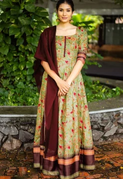 Digital Printed Tussar Silk Pleated Abaya Style Suit in Green