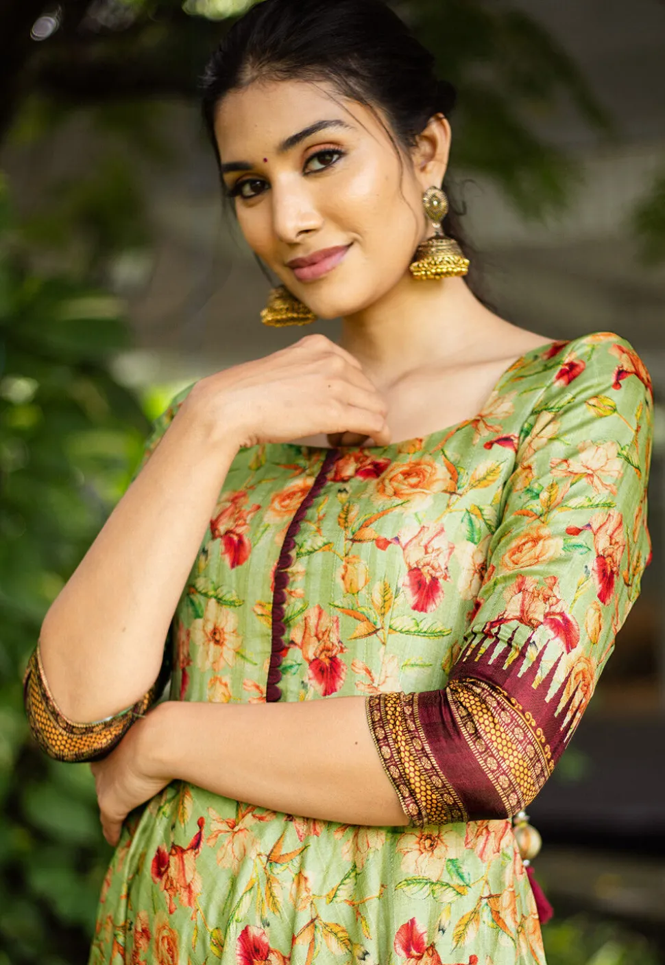 Digital Printed Tussar Silk Pleated Abaya Style Suit in Green