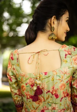 Digital Printed Tussar Silk Pleated Abaya Style Suit in Green
