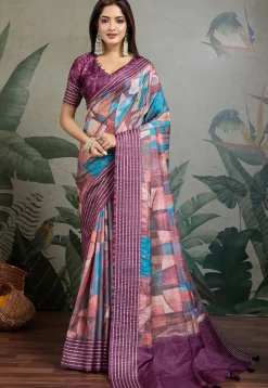 Digital Printed Tussar Silk Saree in Multicolor