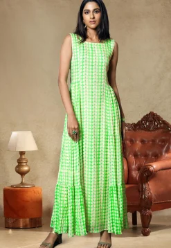 Digital Printed Vicose Georgette Maxi Dress in Green