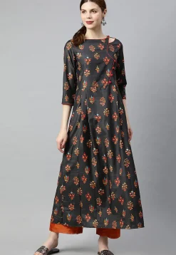 Digital Printed Viscose A Line Kurta in Black