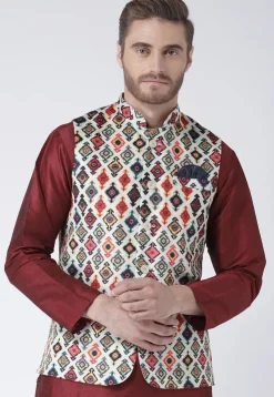 Digital Printed Viscose Nehru Jacket in White
