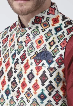 Digital Printed Viscose Nehru Jacket in White