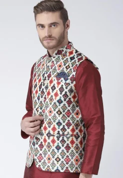 Digital Printed Viscose Nehru Jacket in White