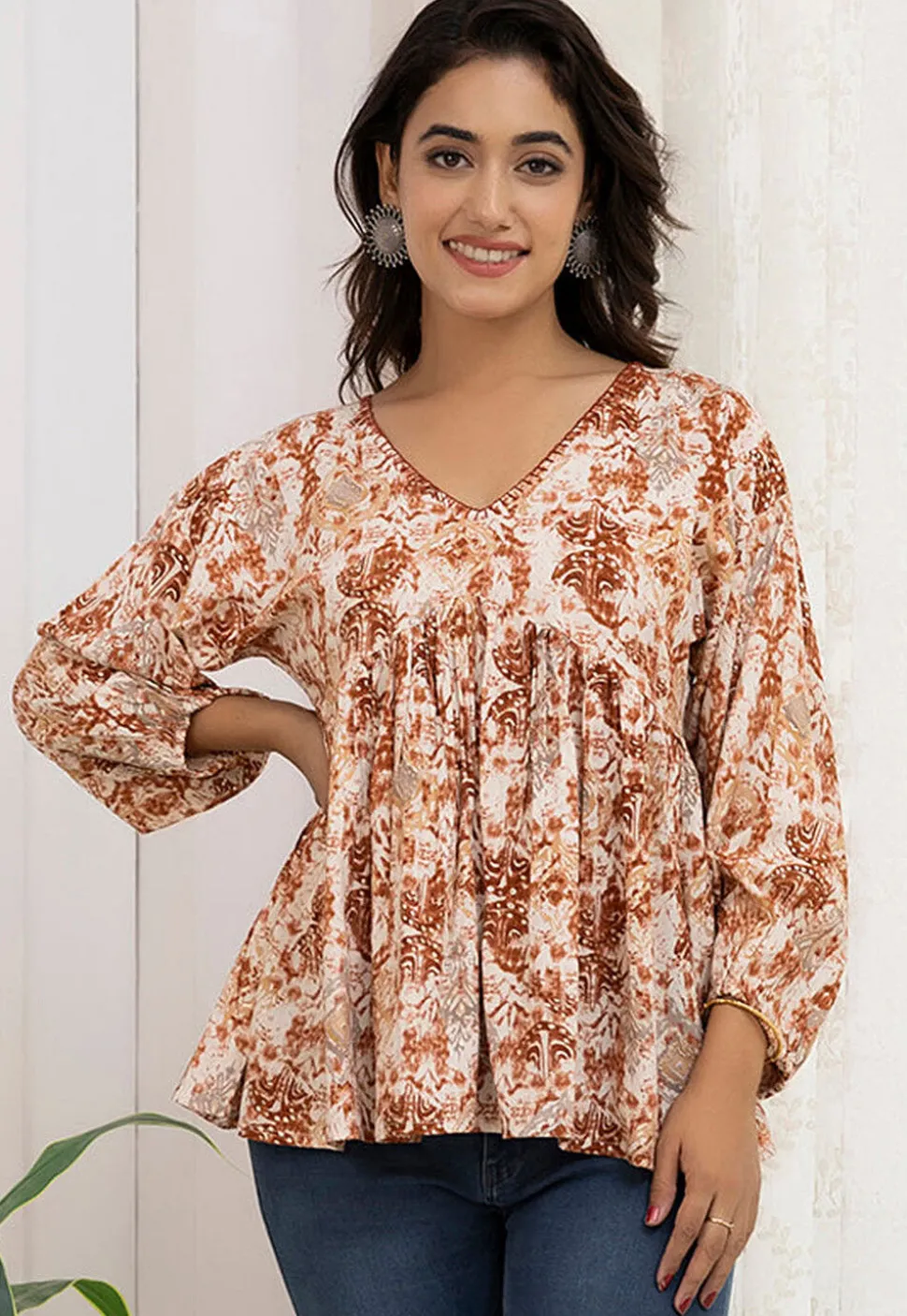 Digital Printed Viscose Rayon A Line Kurti in Cream