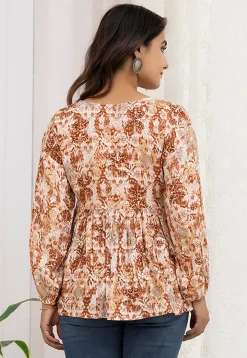 Digital Printed Viscose Rayon A Line Kurti in Cream