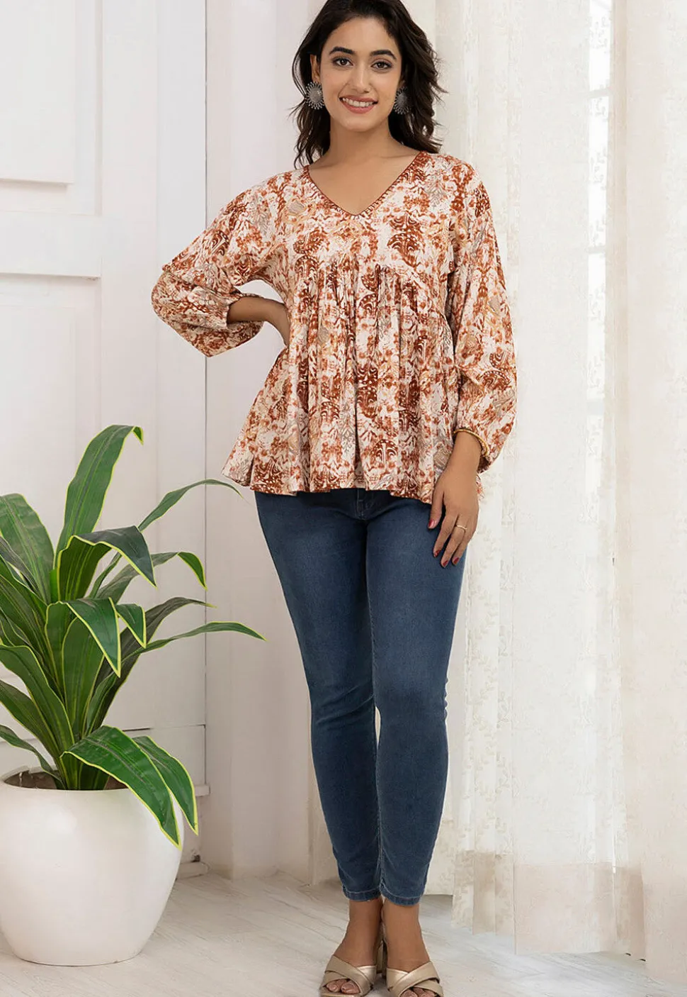 Digital Printed Viscose Rayon A Line Kurti in Cream