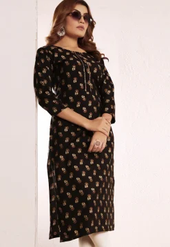 Digital Printed Viscose Silk Straight Kurta in Black