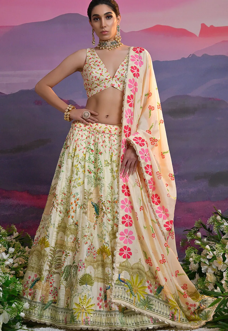 Digital Printed Viscose Silk Lehenga in Cream