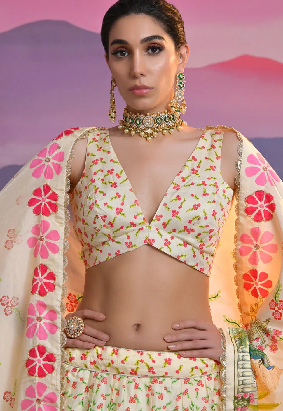 Digital Printed Viscose Silk Lehenga in Cream