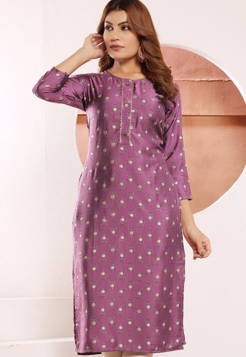 Digital Printed Viscose Silk Straight Kurta in Purple