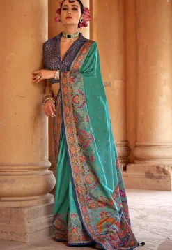 Digital Printed Viscose Silk Saree in Teal Green