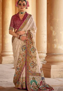 Digital Printed Viscose Silk Saree in Beige